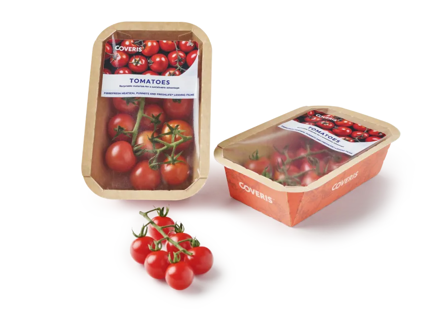 Coveris FibreFresh Heat Seal Punnets filled with Tomatoes from 2 angles
