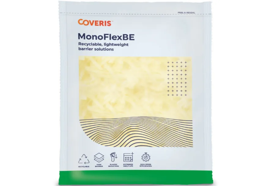 MonoFlex BE sustainable packaging bag filled with shredded cheese