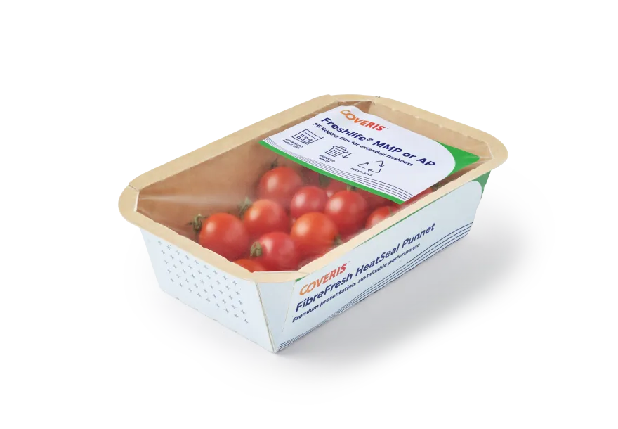 Coveris FibreFresh HeatSeal Punnets, sustainable alternativ for plastic trays, filled with tomatoes