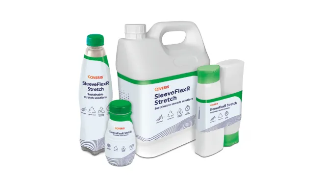 Bottles and jerrycan with Coveris SleeveFlex Stretch sleeves