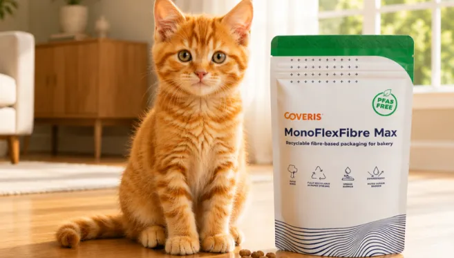 Kitten next to a Coveris MonoFlexFibre Max pet food bag