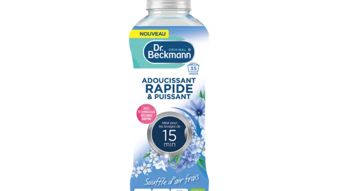 Liquid fabric softener branded by Dr. Beckmann in front of white background