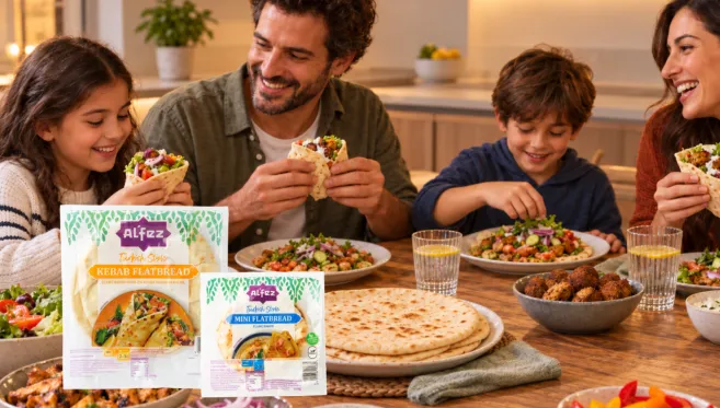 Family sharing Al’Fez flatbreads in PolyFlex Thermoform packs